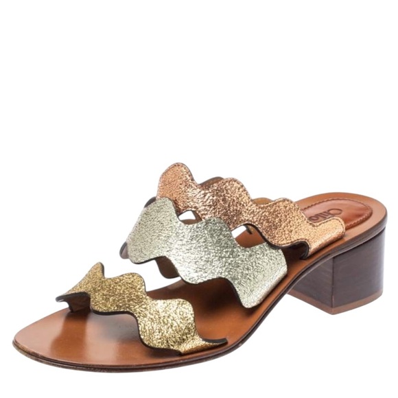 Chloe Lauren Scallop Metallic Leather Sandals Multicolor Block Heel Slides Women - Picture 1 of 15